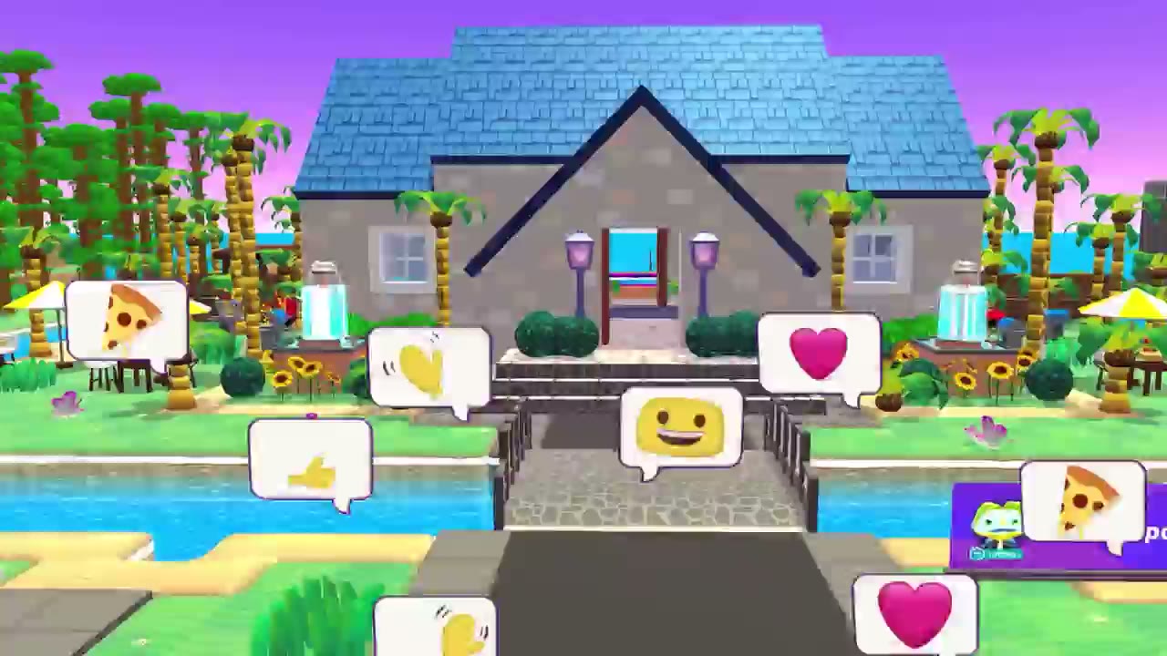 A colorful player-created Cubric world with expressive multiplayer reactions